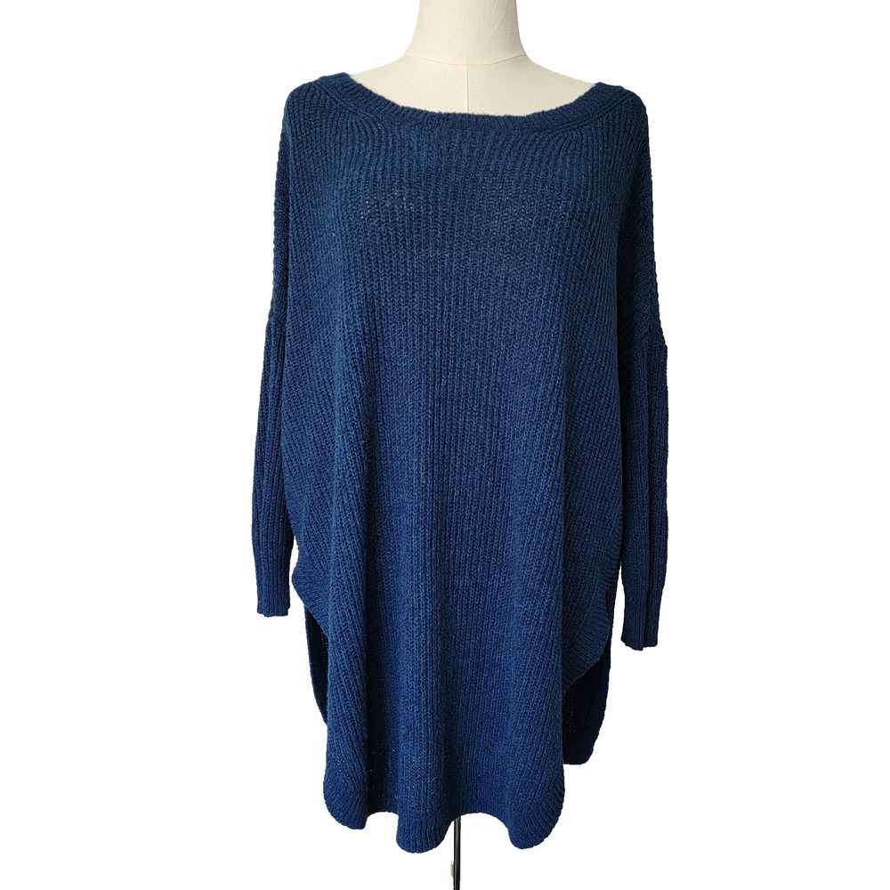 Express Blue Tunic Sweater Y2K Women L Shaker Knit 3/4 Sleeve Preppy Office Work